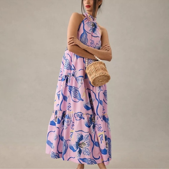 Anthro x Sarah Gordon tiered halter midi dress in lavender lilac blue floral - Picture 3 of 11